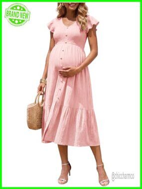 Summer Mae Maternity Dress Ruffle Sleeve Smocked Baby Shower Midi